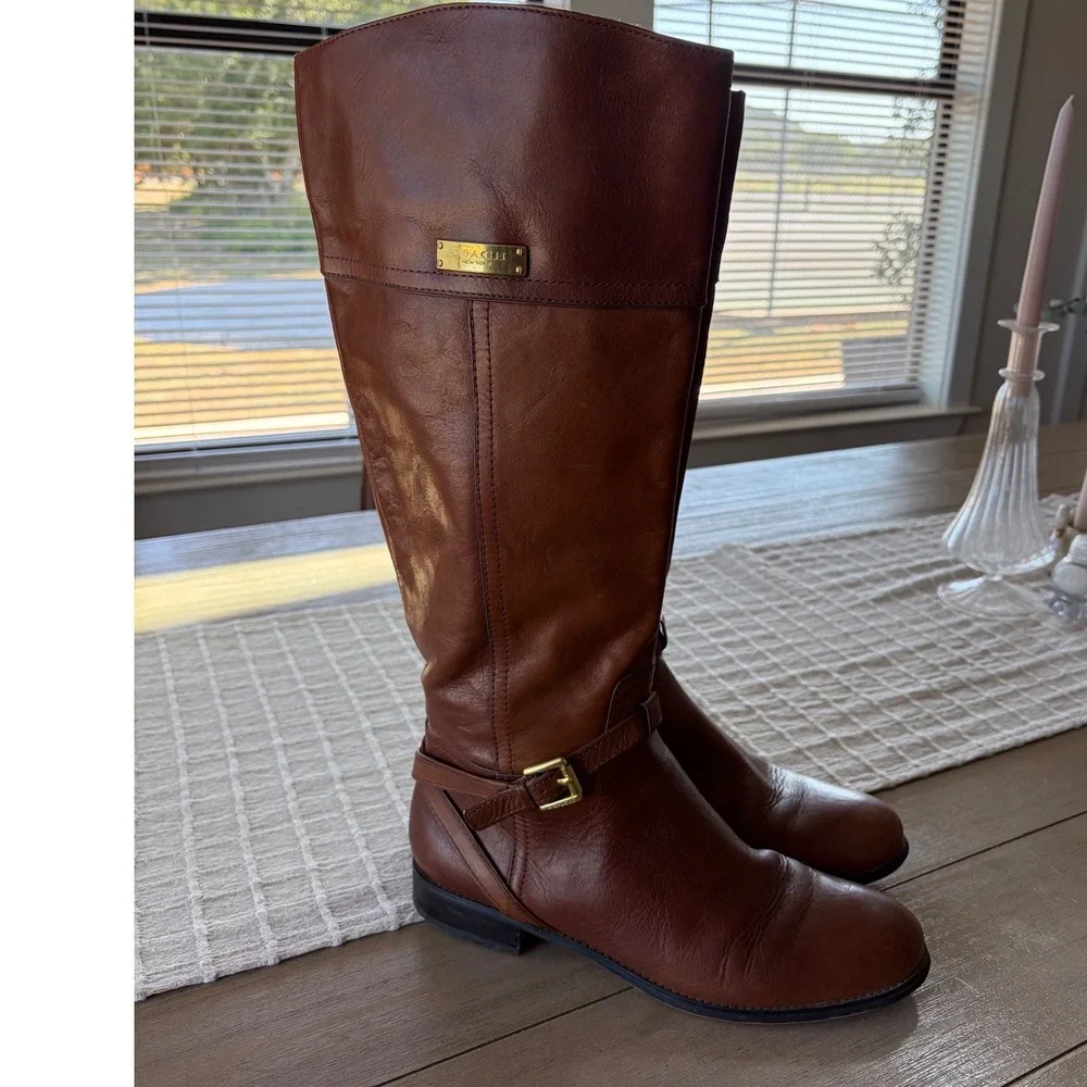 Coach Micha Knee-High Riding Boot chestnut brown gold hardware size 10